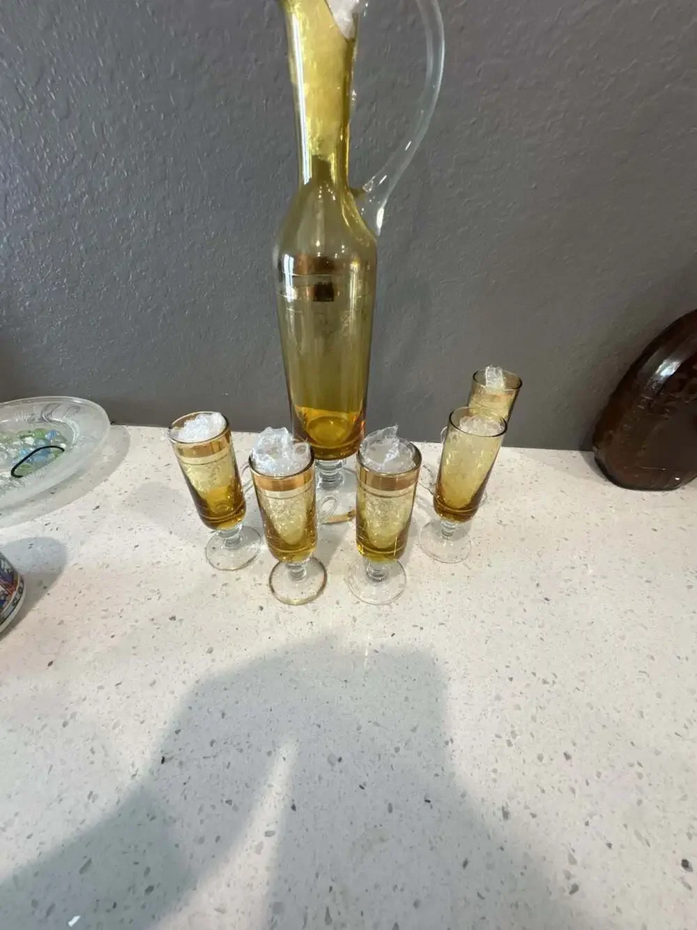 Vintage Mid Century Glass Decanter and Cordial Glasses Set with Gold Trim